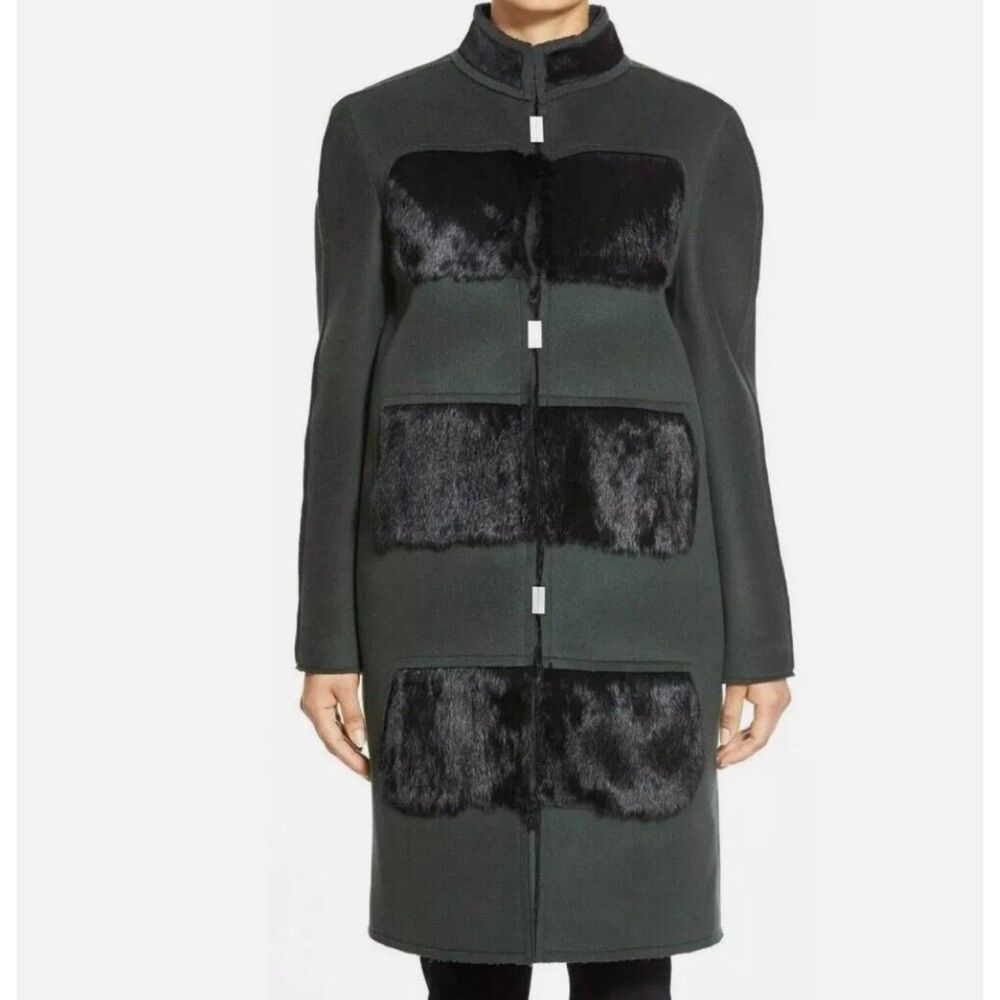 Elie Tahari Hilary Green Wool Coat with Rabbit Fur Panels - Picture 3 of 11